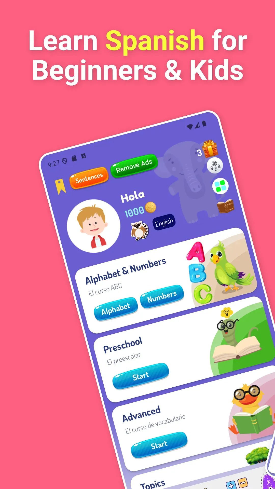 Spanish for Kids and Beginners main screen